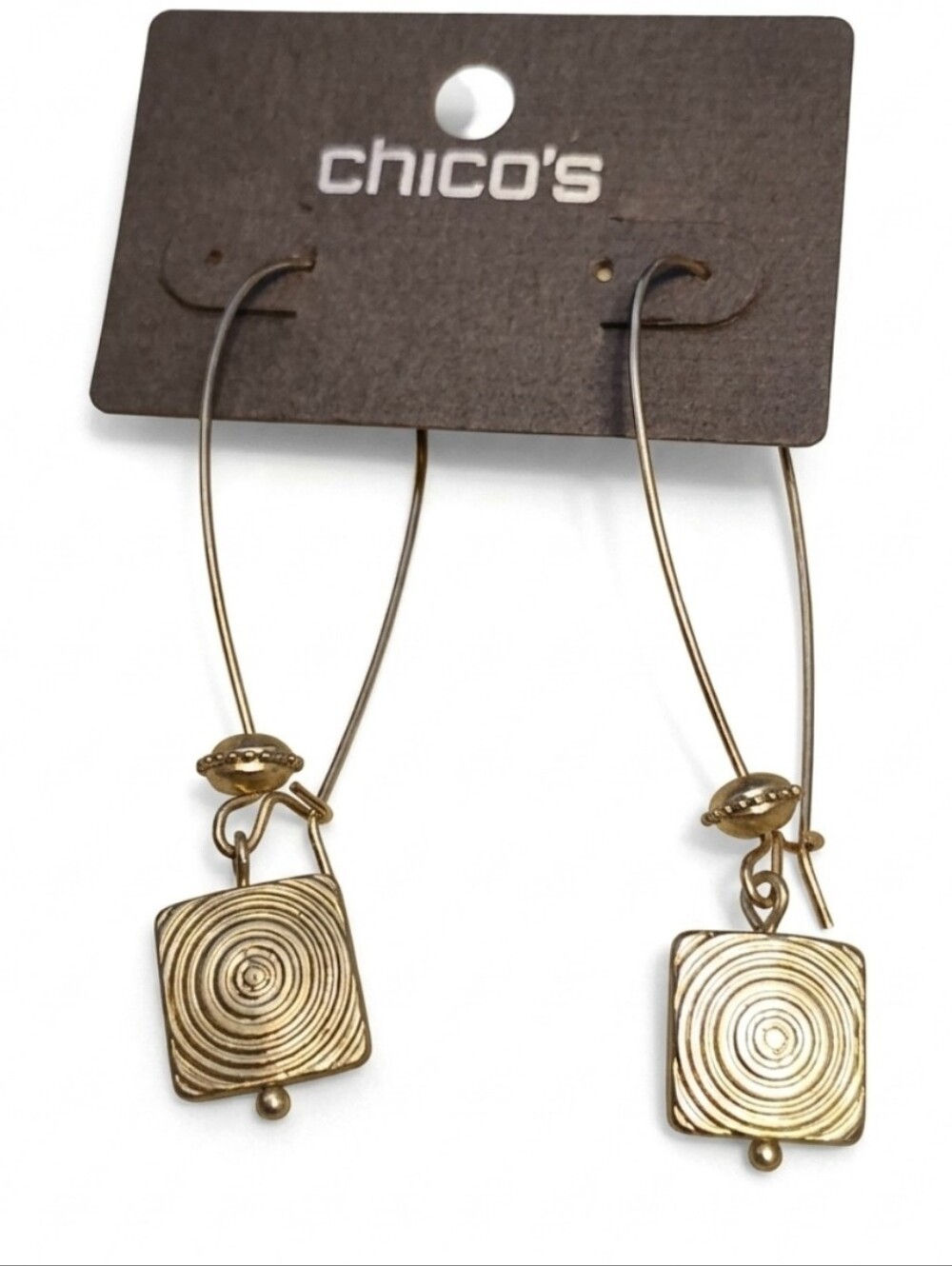 NWT Chico's Gold Tone Square Spiral Design Drop Hoop Earrings